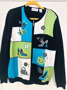 vintage Alfred Dunner patchwork full-zip cardigan sweater-L